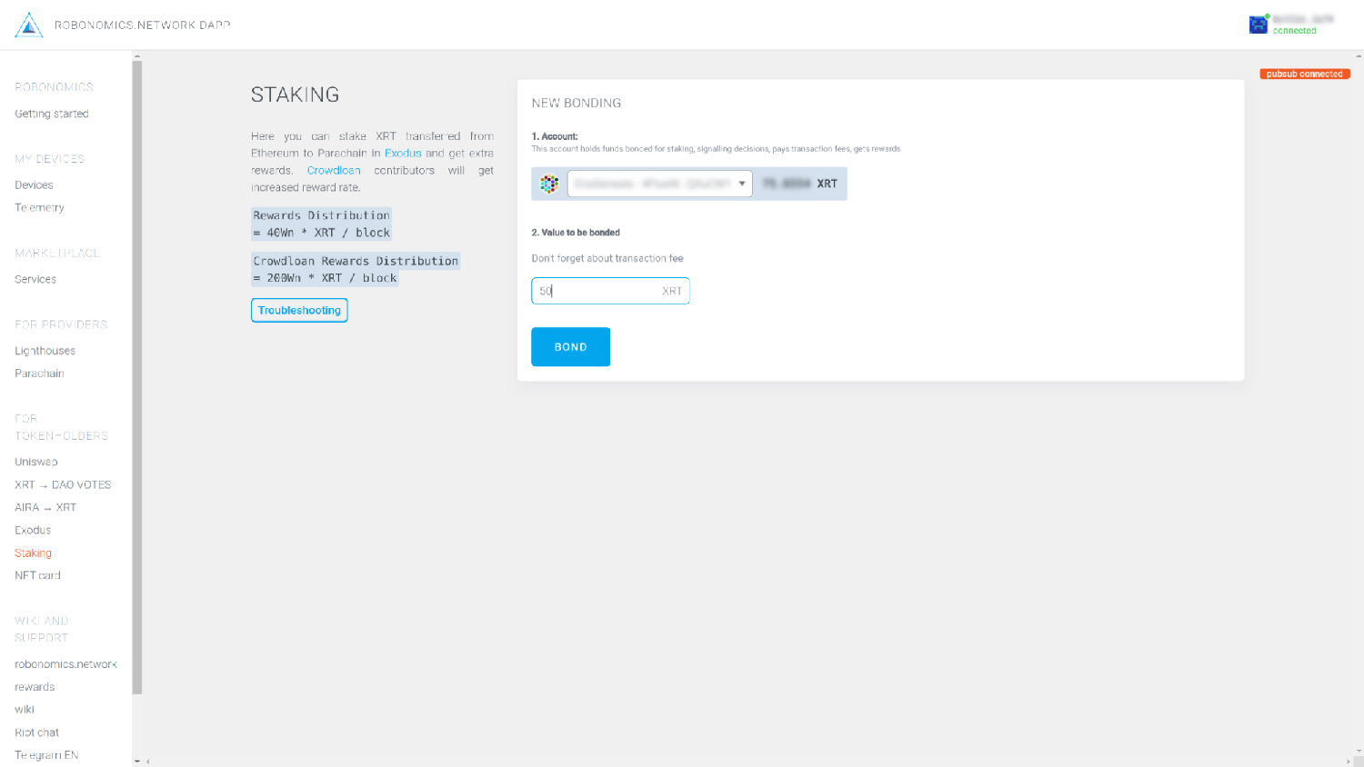 XRT staking in Robonomics dapp, new bonding screen