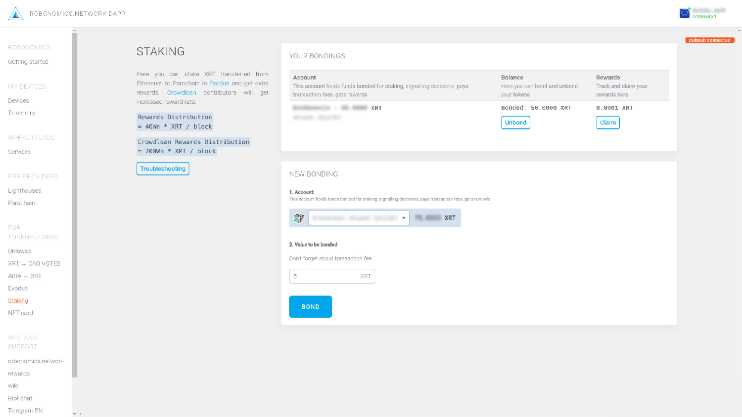 XRT staking in Robonomics dapp, bonding list screen
