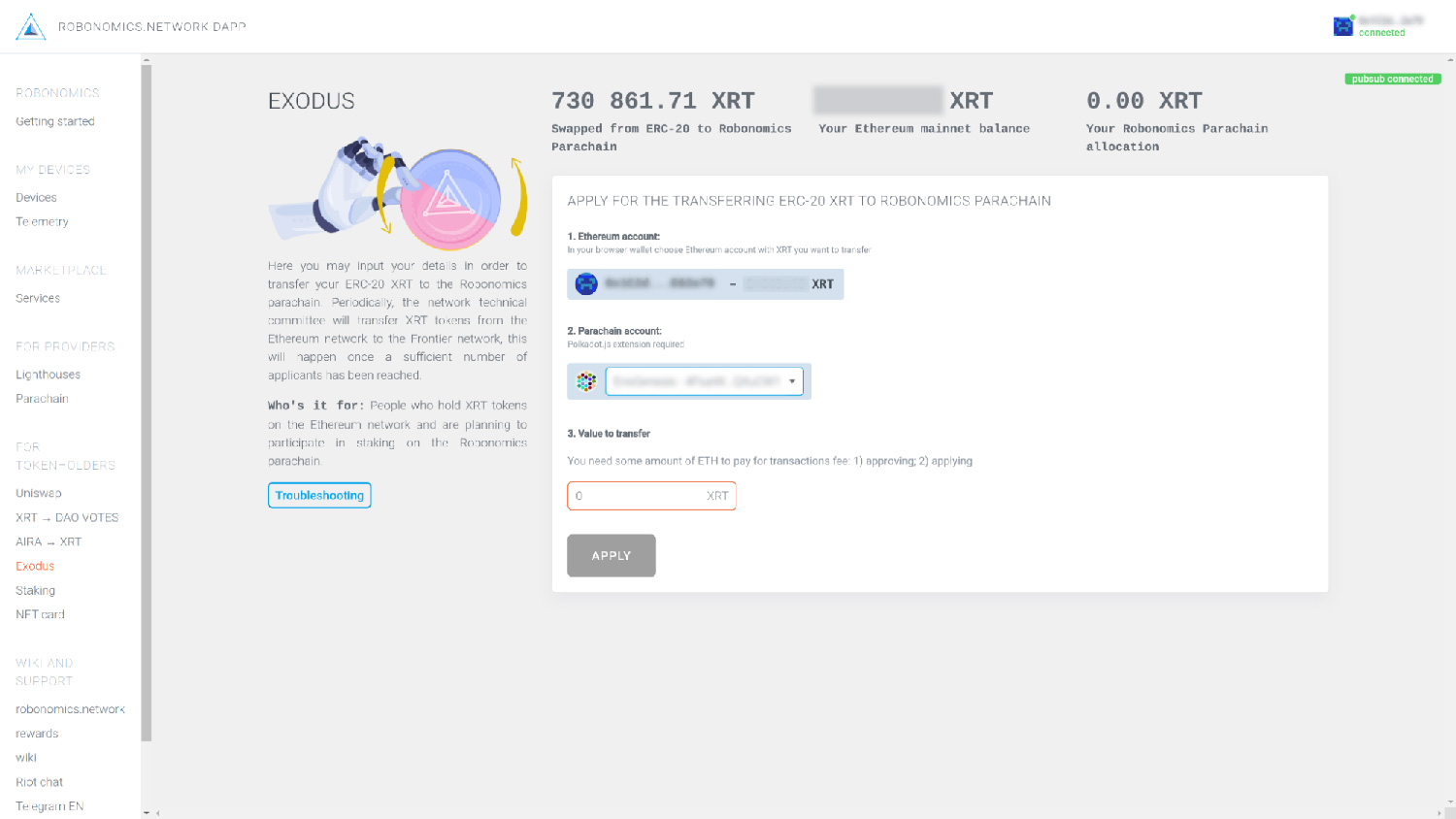XRT from the Ethereum blockchain to the Robonomics parachain in Robonomics dapp